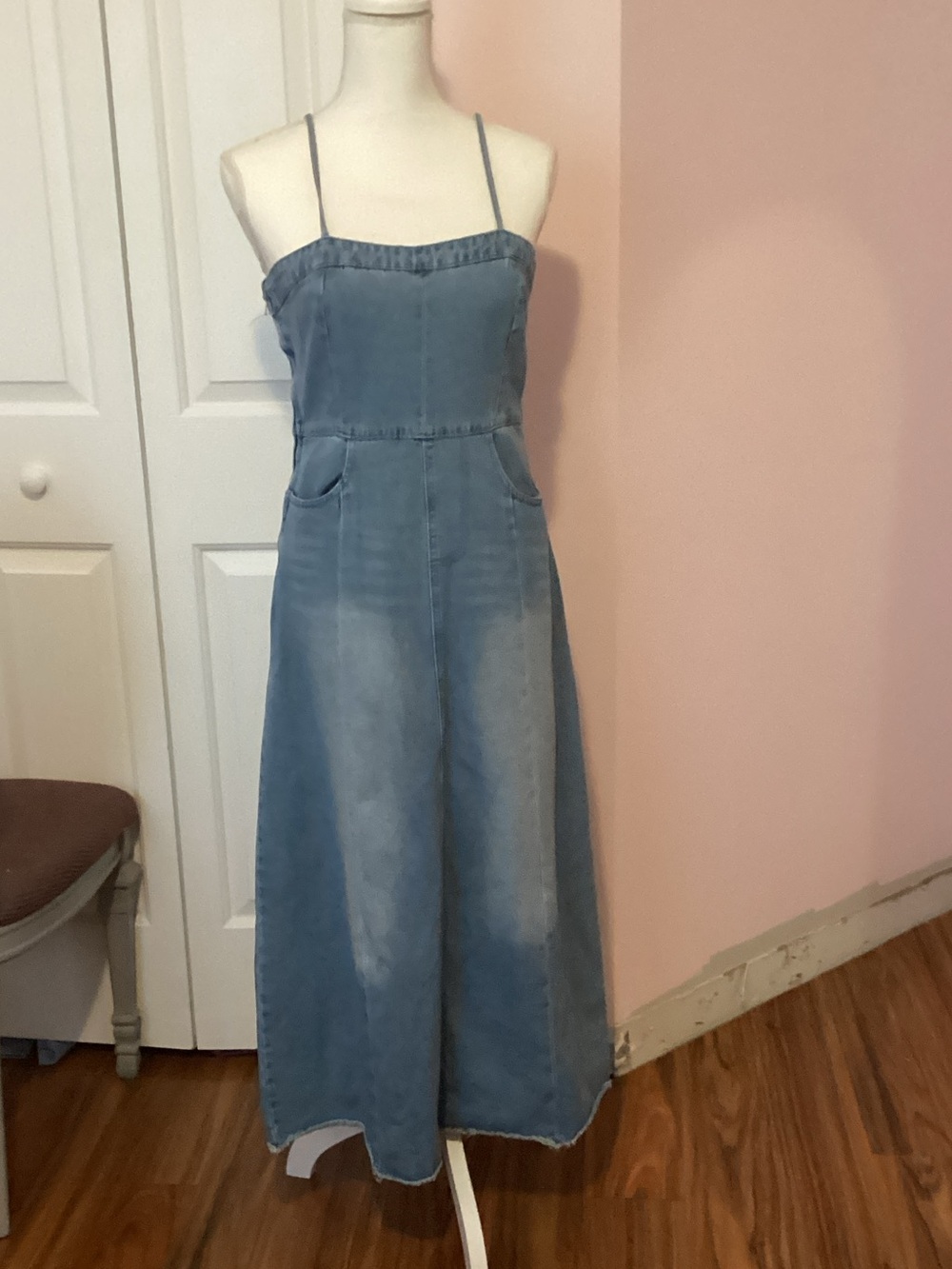 Blue Denim Spaghetti-Strap Maxi Dress